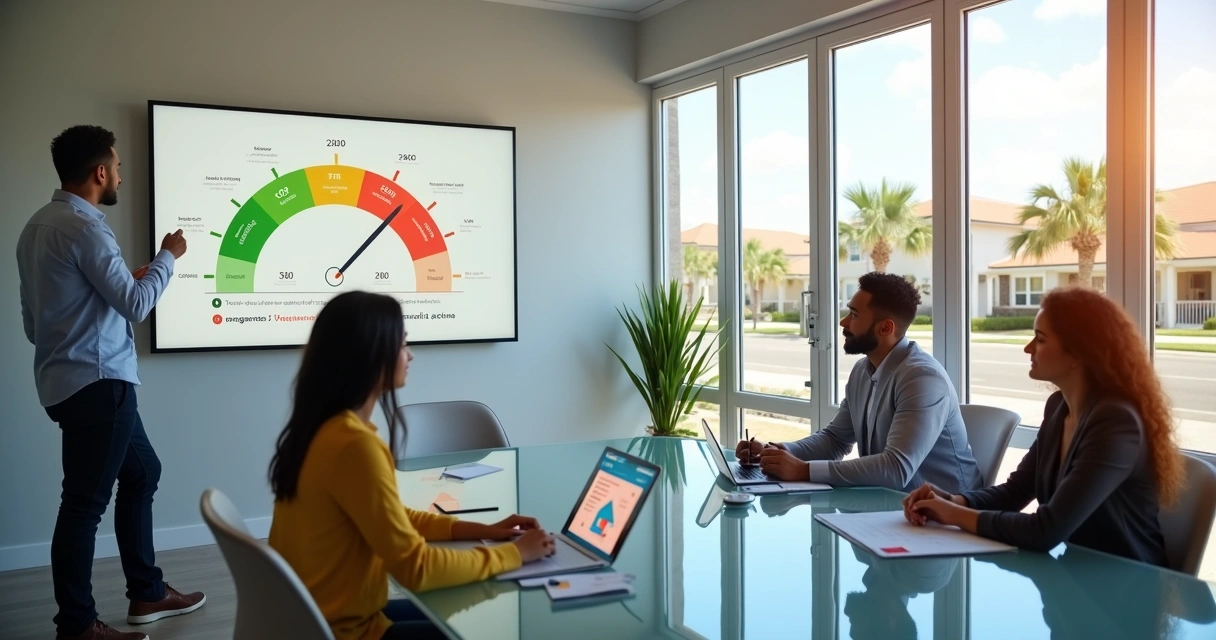 Florida mortgage approval advisor pointing at a large credit score scale 