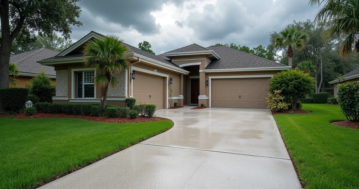 Newly-poured concrete driveway in Orlando with visible gentle slope 