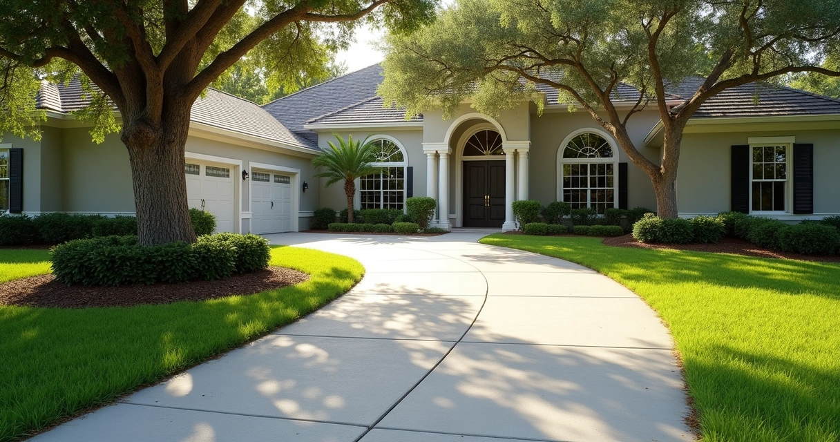 Healthy Florida driveway with proper tree layout and drainage 