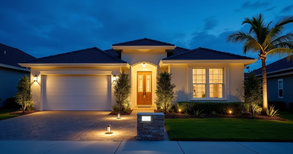 Front view of Florida home with HOA-friendly exterior lighting at dusk 