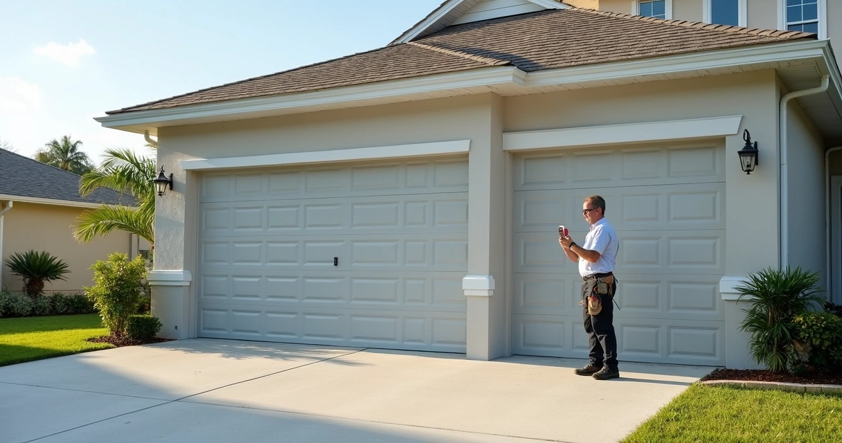 Contractor inspecting coated garage door on coastal Florida home 