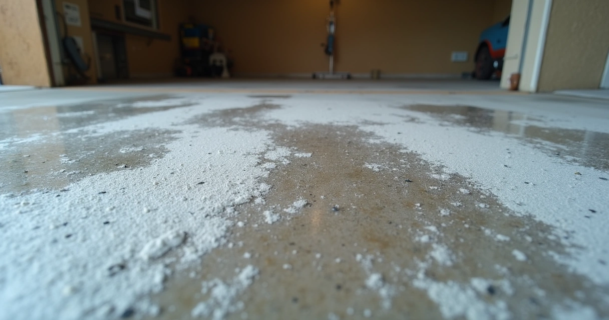 Water stains and efflorescence on an unsealed garage floor in Florida