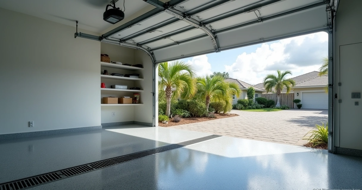 Upgraded Florida garage with reinforced door floor drain and epoxy coating 