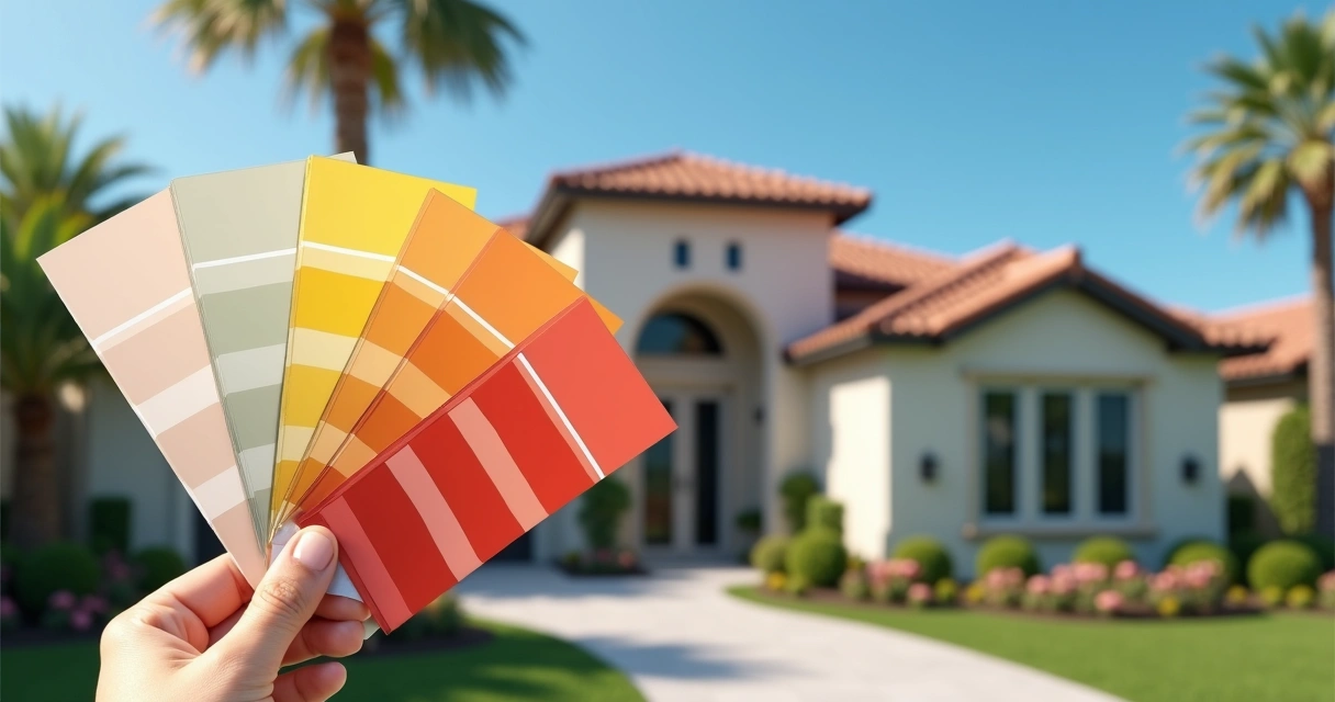 Florida home exterior with various paint color swatches displayed against a sunny backdrop 