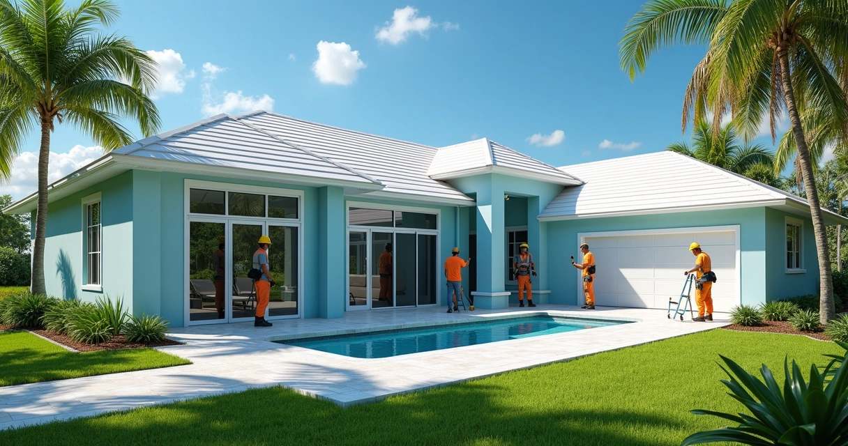 Professional painting crew painting the exterior of a Florida home with lush landscaping 