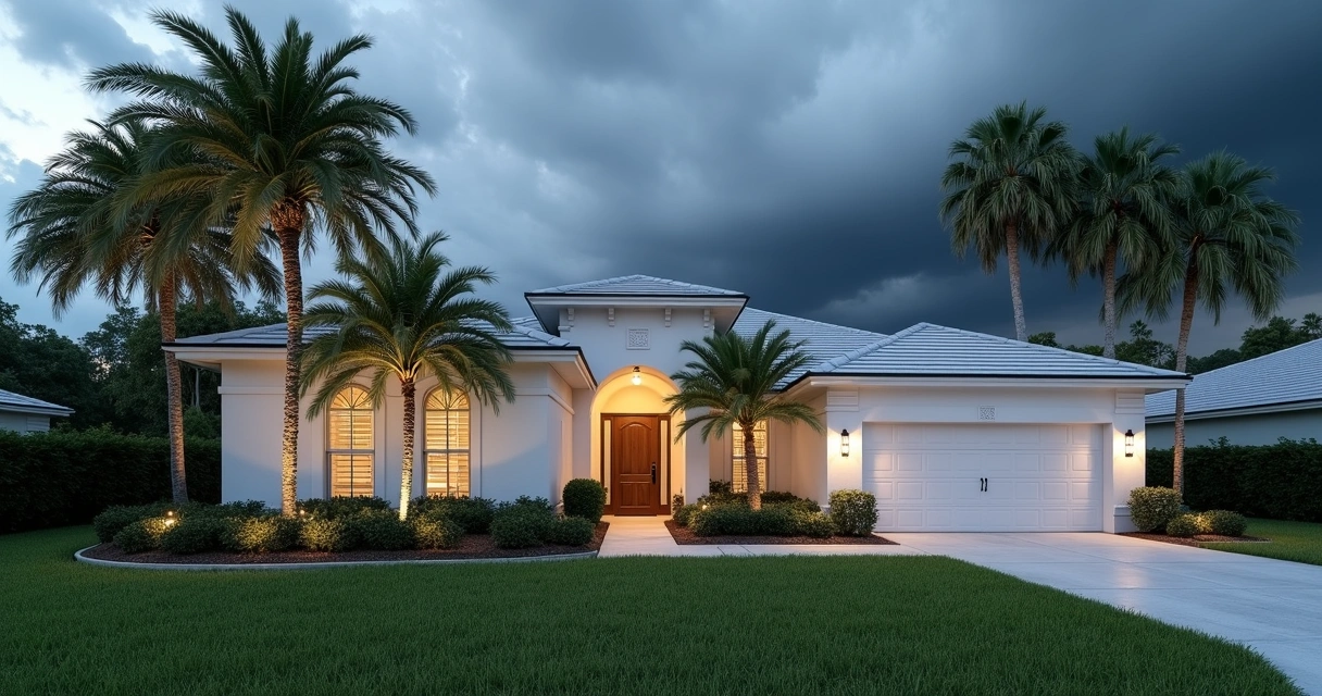 Single-story Florida home with hurricane shutters installed 