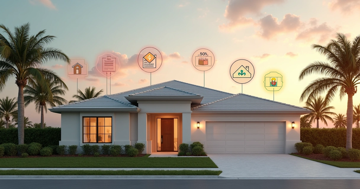 Florida house cutaway with layered cost icons for mortgage, insurance, taxes and HOA 