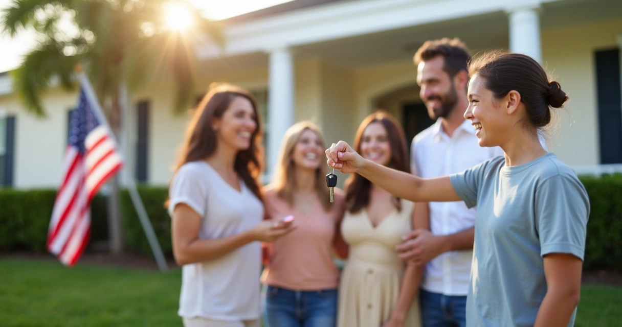 Family receiving house keys from realtor in front of a suburban home 