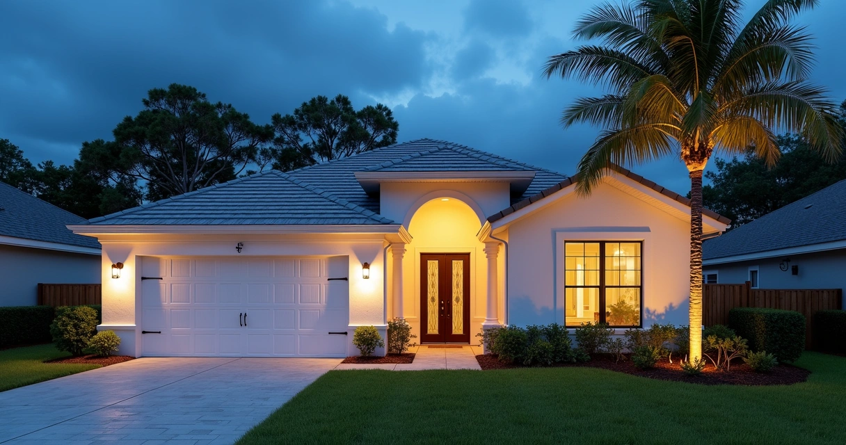 Florida home exterior with night lighting and accent colors 