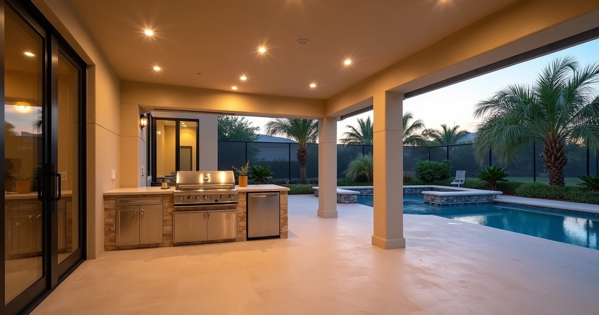Covered Florida outdoor kitchen with insulated ceiling and grill area at sunset 