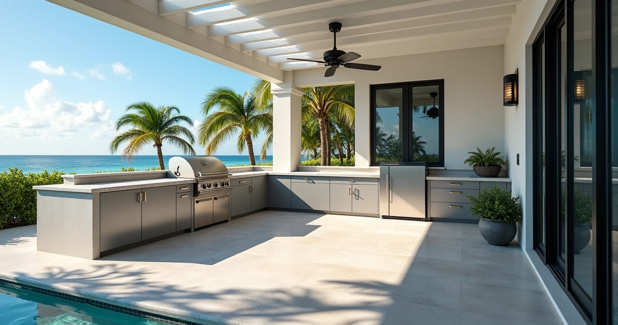 Covered coastal outdoor kitchen in Florida with stainless appliances and sealed stone surfaces 