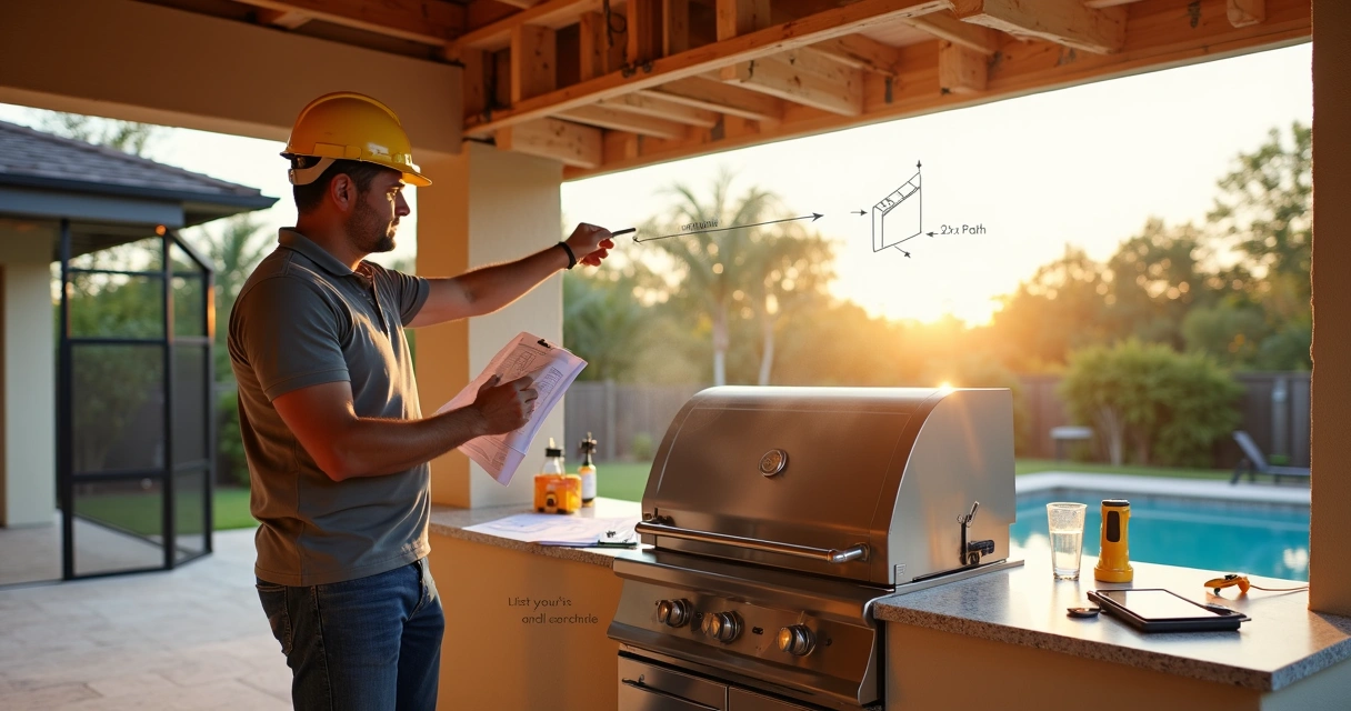 Contractor marking vent hood layout above built-in grill in Florida patio kitchen 