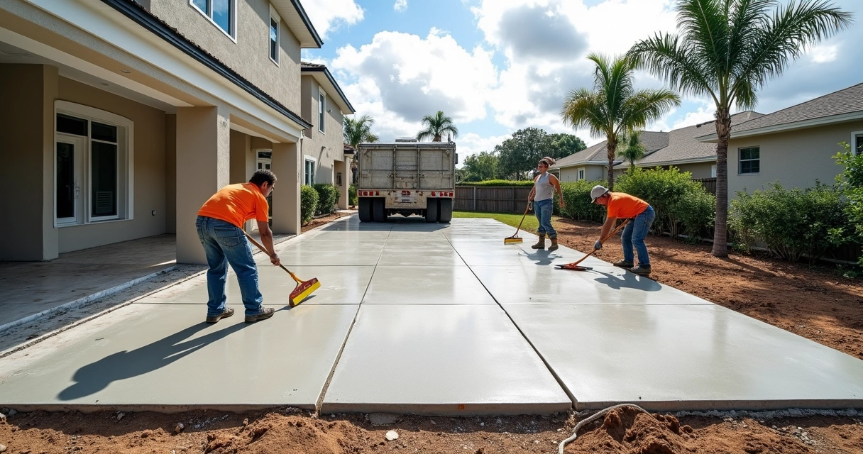 Concrete patio being installed in Central Florida with contractors placing fiber-reinforced mix 