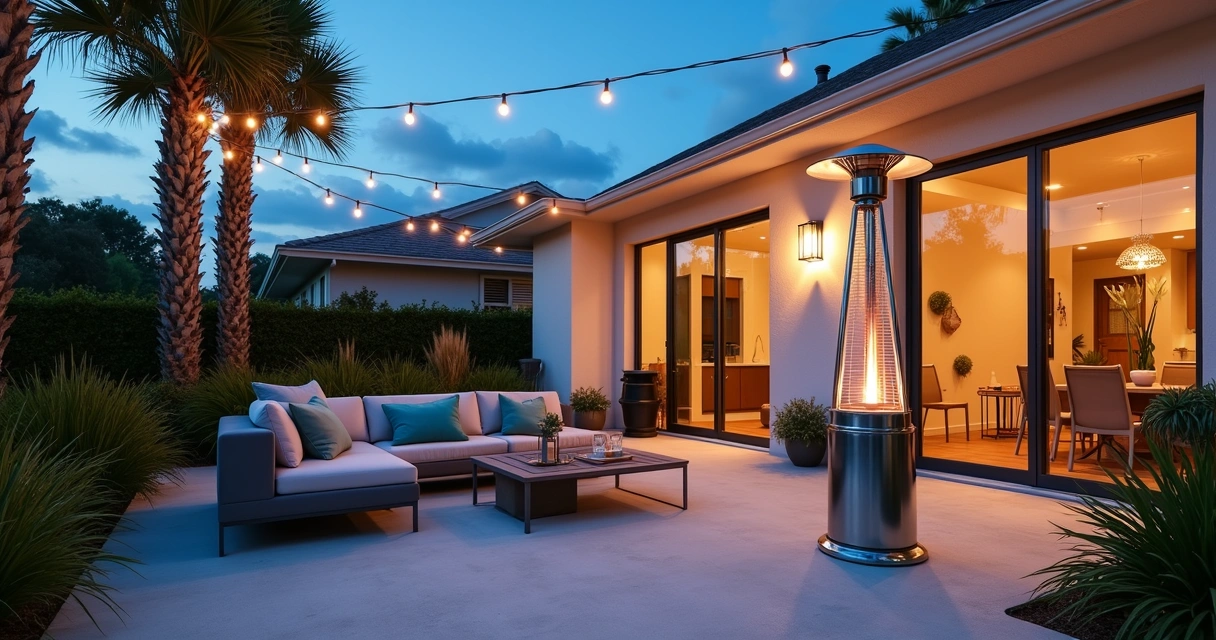 Modern outdoor heater on a Florida patio with cozy seating at dusk 