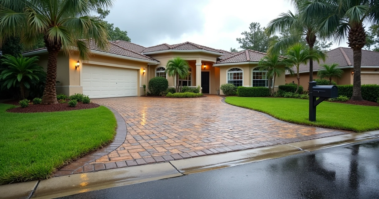 Florida home driveway with permeable pavers handling rainwater 