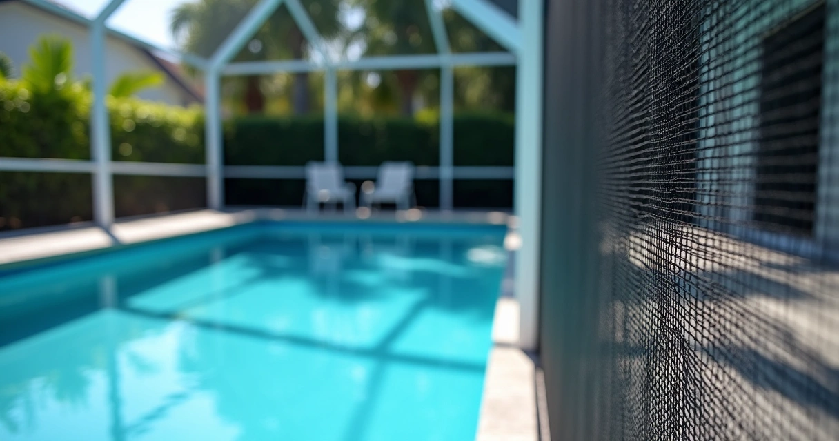 Close-up of clean screen panels on a pool cage in Florida 