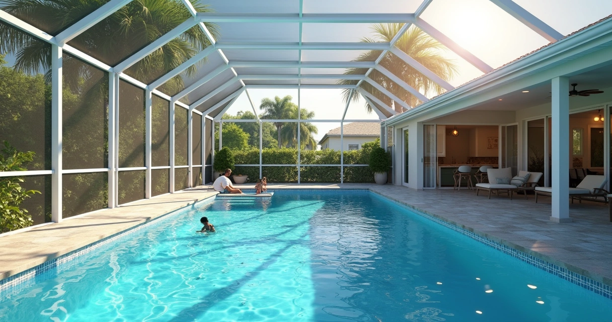 Backyard pool with white aluminum screen enclosure and lush landscaping underneath. 
