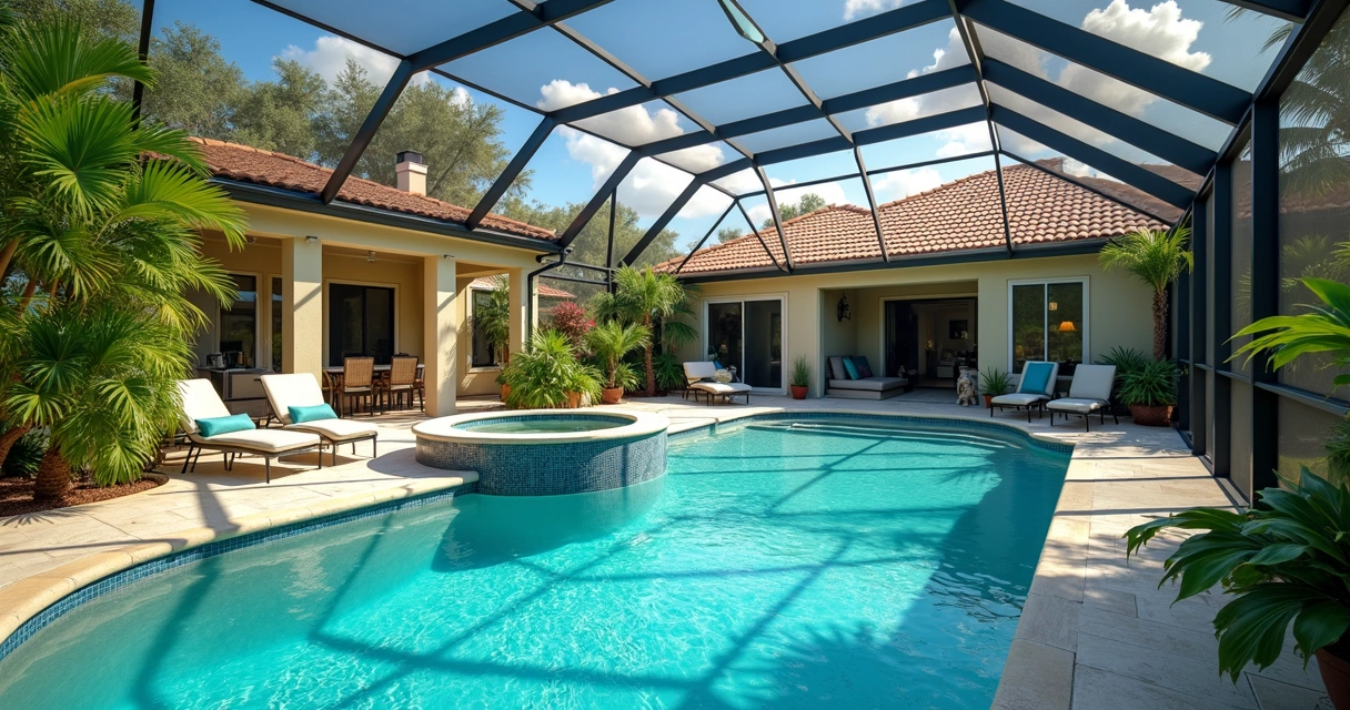 Florida pool area with screen enclosure and clear blue pool