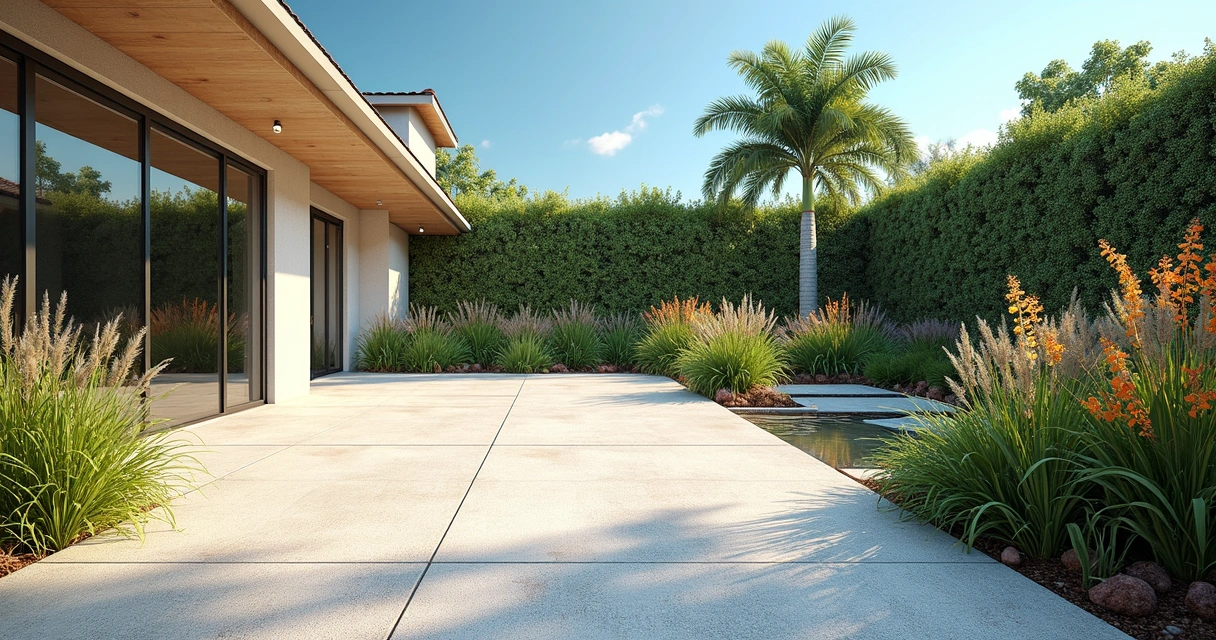 Rain garden with Florida native plants beside a concrete patio