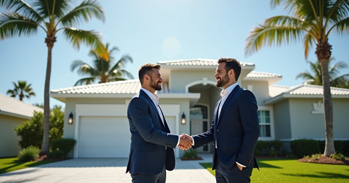 Real estate agent shaking hands with international home buyer in front of a Florida house 