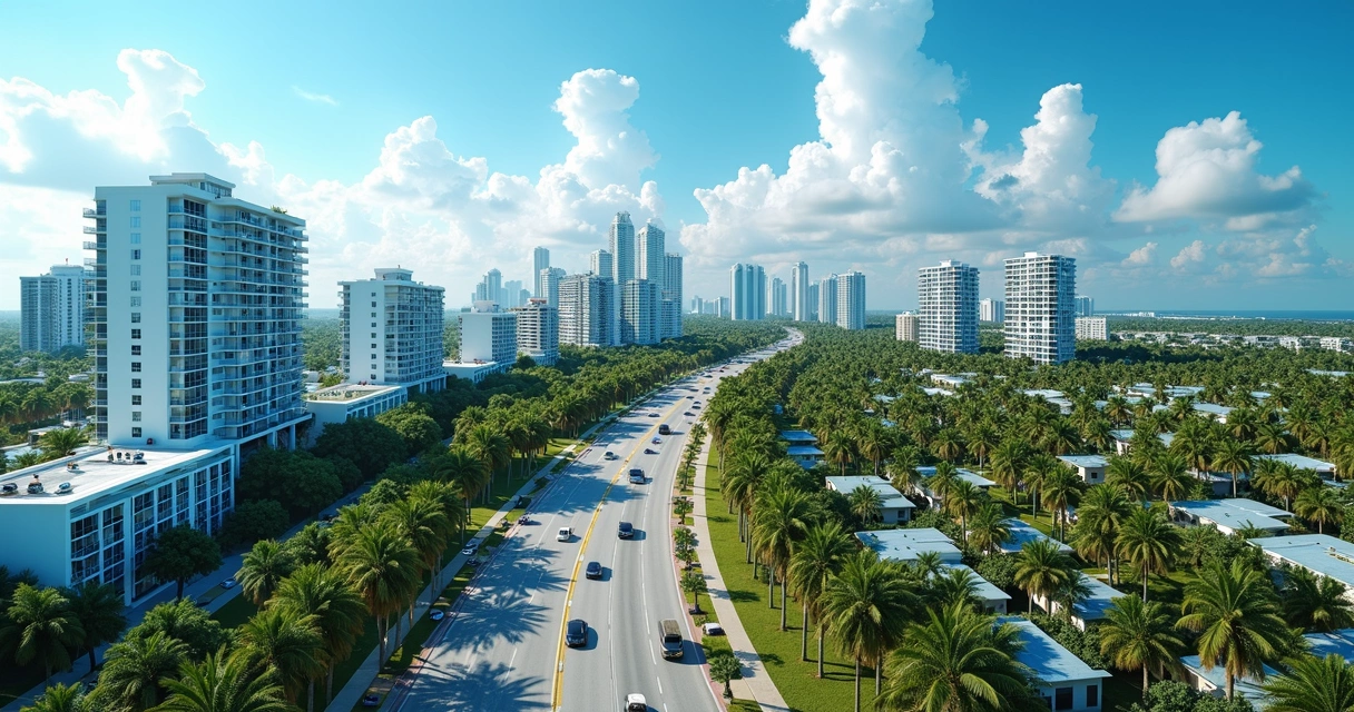Aerial view of luxury residential buildings and commercial properties in a sunny Florida cityscape with palm trees and blue sky