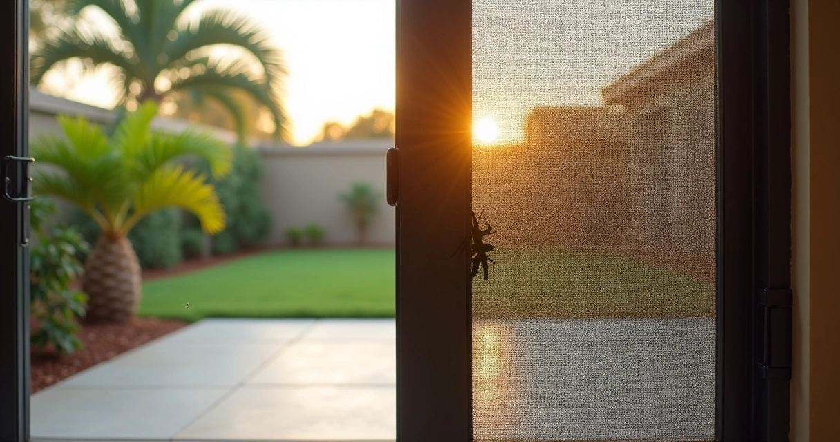 Close-up of insect-resistant screen mesh on Florida patio door 