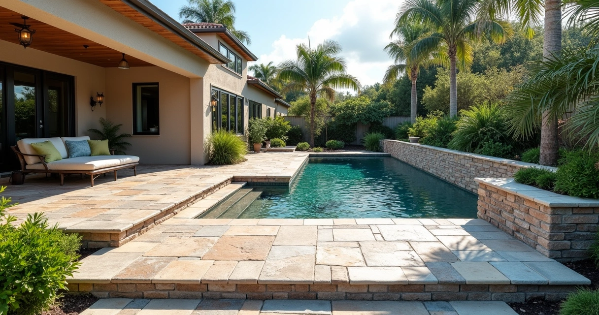 Multi-level concrete patio on a sloped Florida backyard with integrated landscaping and retaining walls 