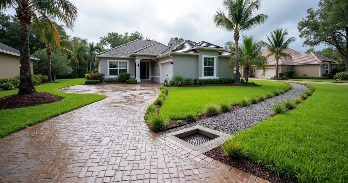 Residential Florida yard with swale and permeable paver driveway for stormwater control 