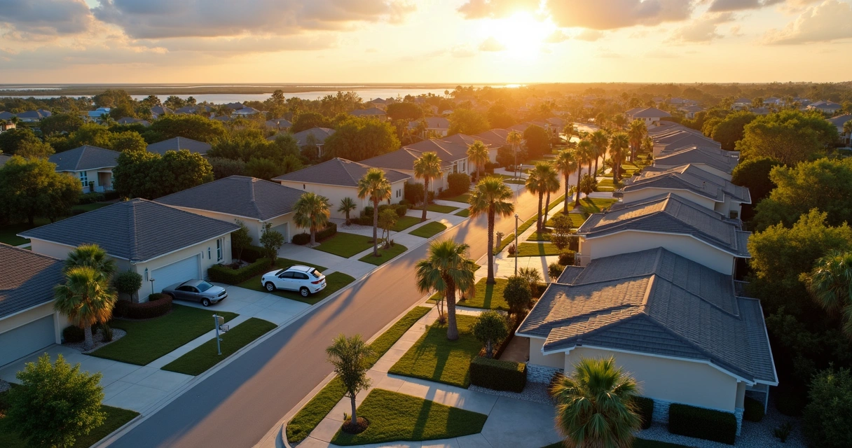 Florida suburban neighborhood with single-family homes and palm trees