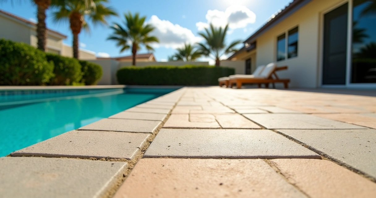 Close-up of sun-resistant outdoor pavers on a bright Florida pool deck 