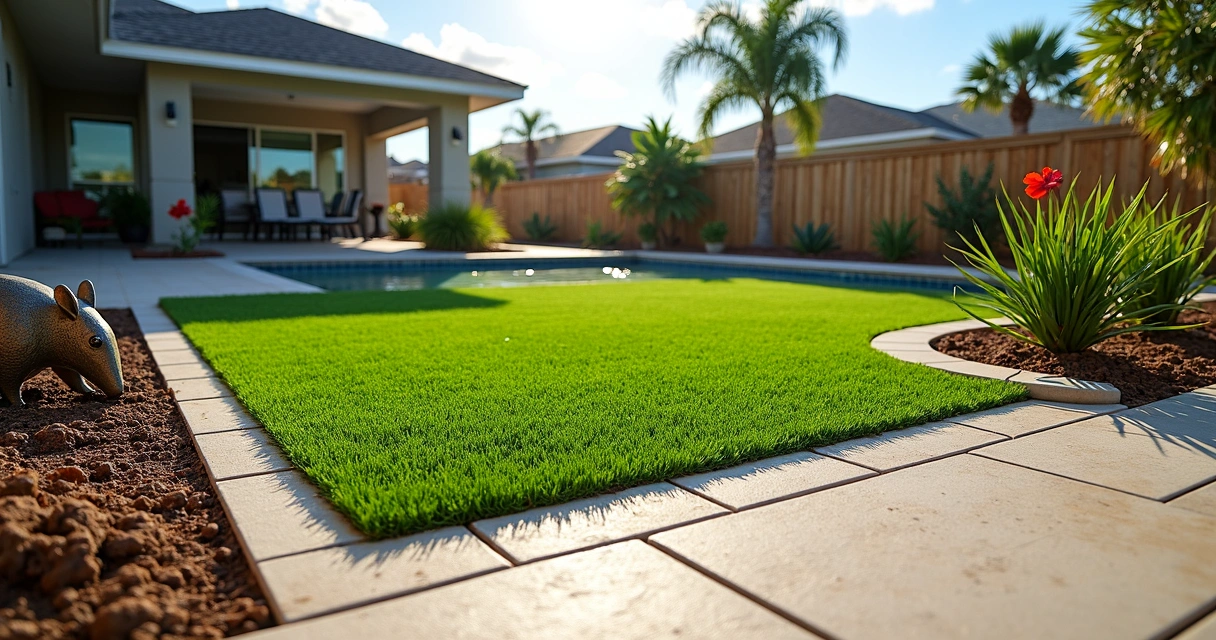 Florida backyard with wildlife-resistant artificial turf and armadillo barrier 