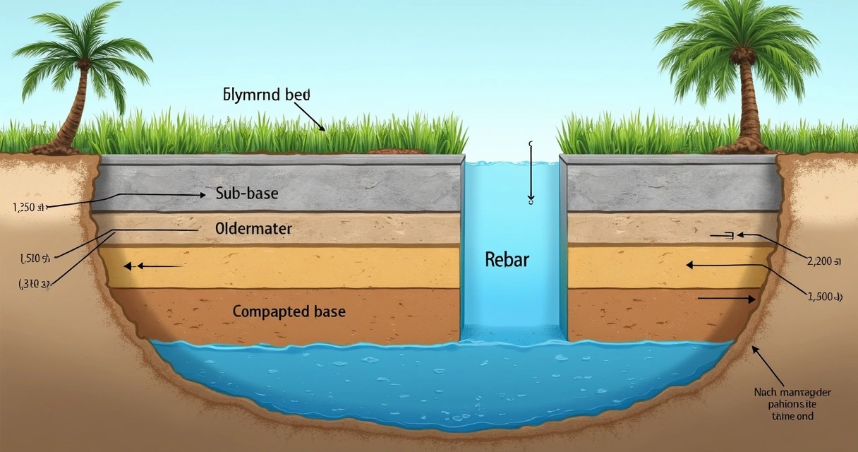 Diagram illustrating a Florida house with concrete slab, underlying soil, and a high water table close to ground surface 