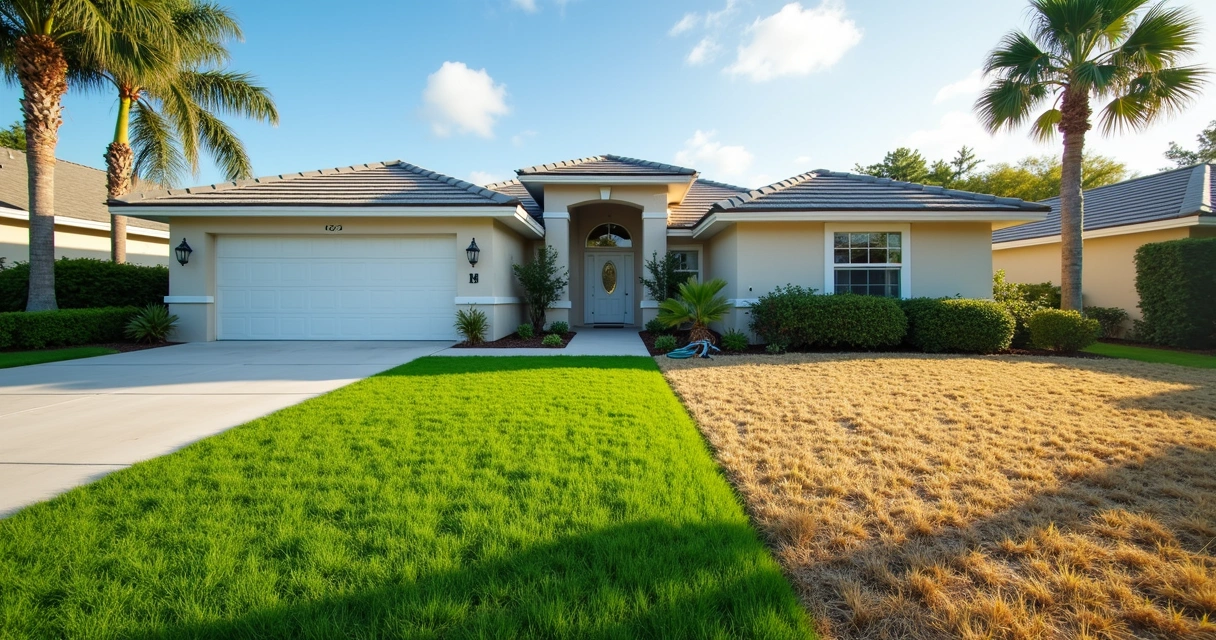 Orlando home with artificial turf lawn and dry natural grass contrast 