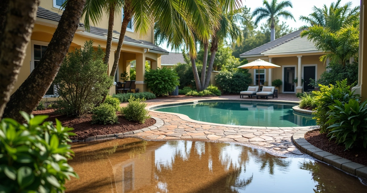 Florida yard showing poor drainage with water pooling near patio and uneven soil grading 