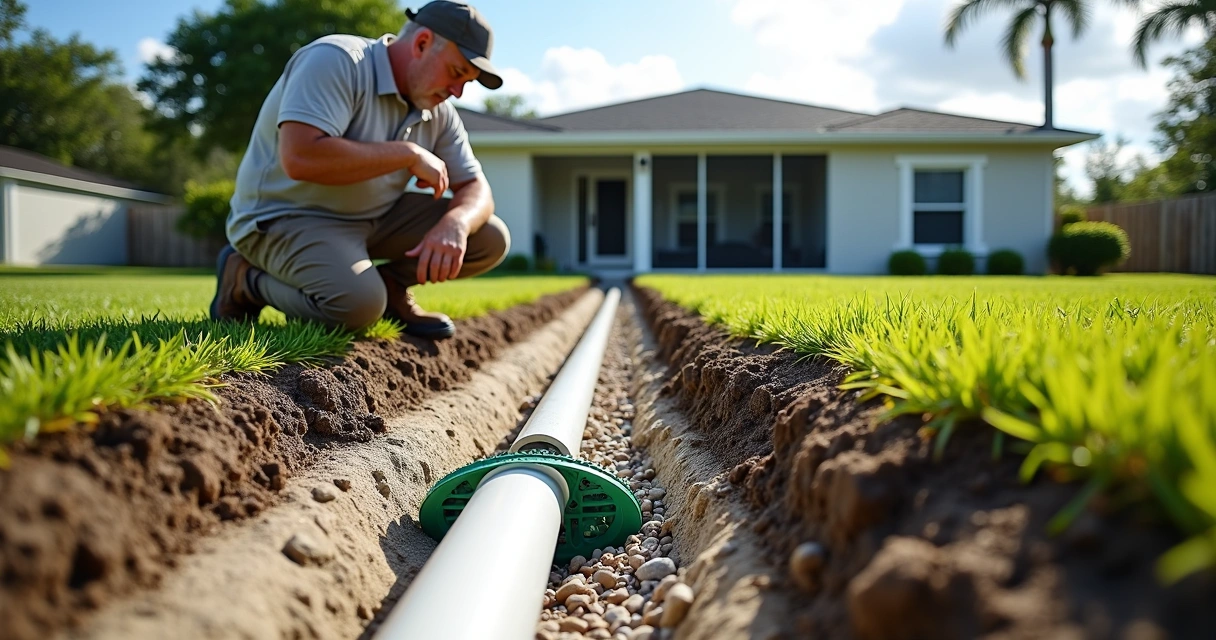 Florida contractor installing French drain in soggy backyard 