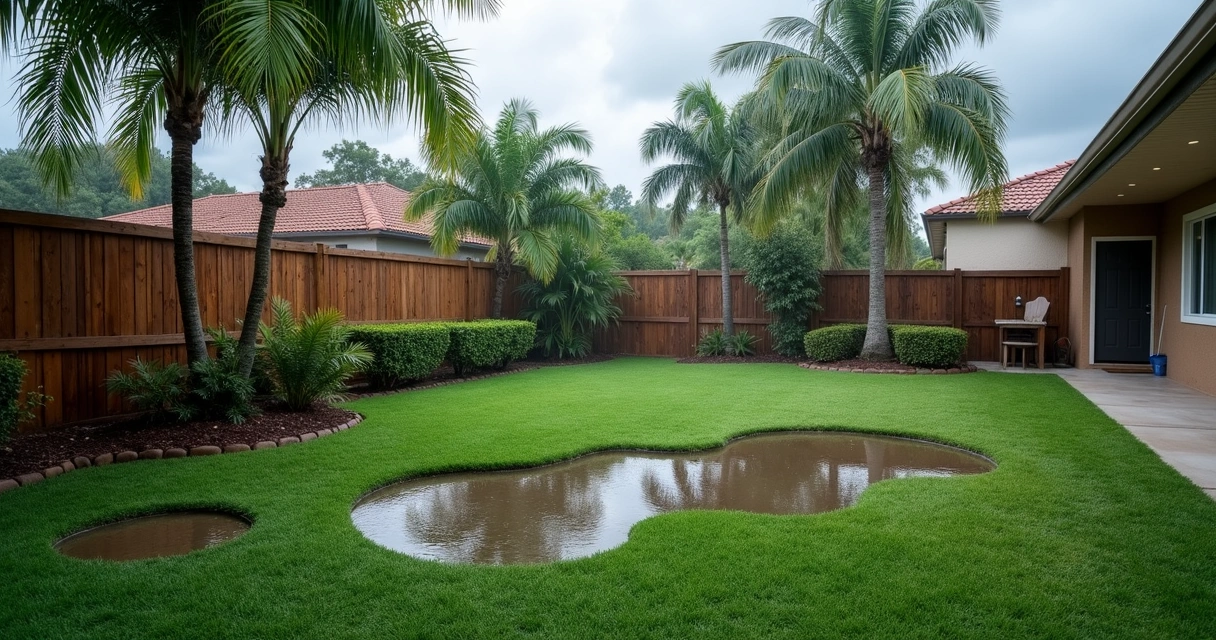Flooded backyard in Florida with puddles on artificial grass and overcast sky