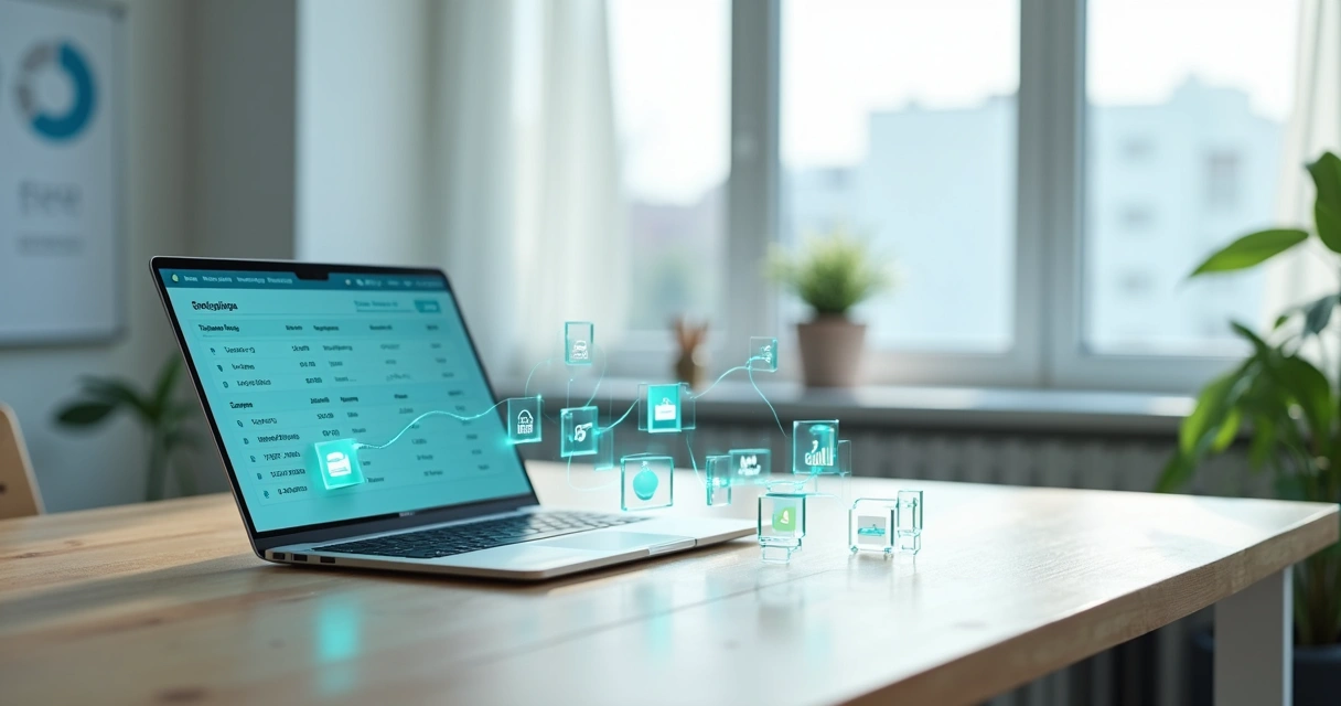 Fluxo de dados financeiros conectando contas bancárias a sistema em mesa de escritório 