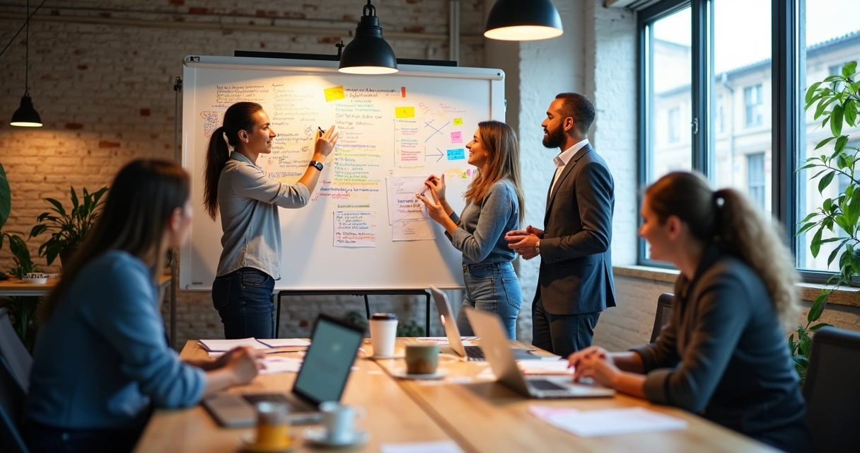 Team in a meeting room brainstorming actively, sharing ideas on a whiteboard