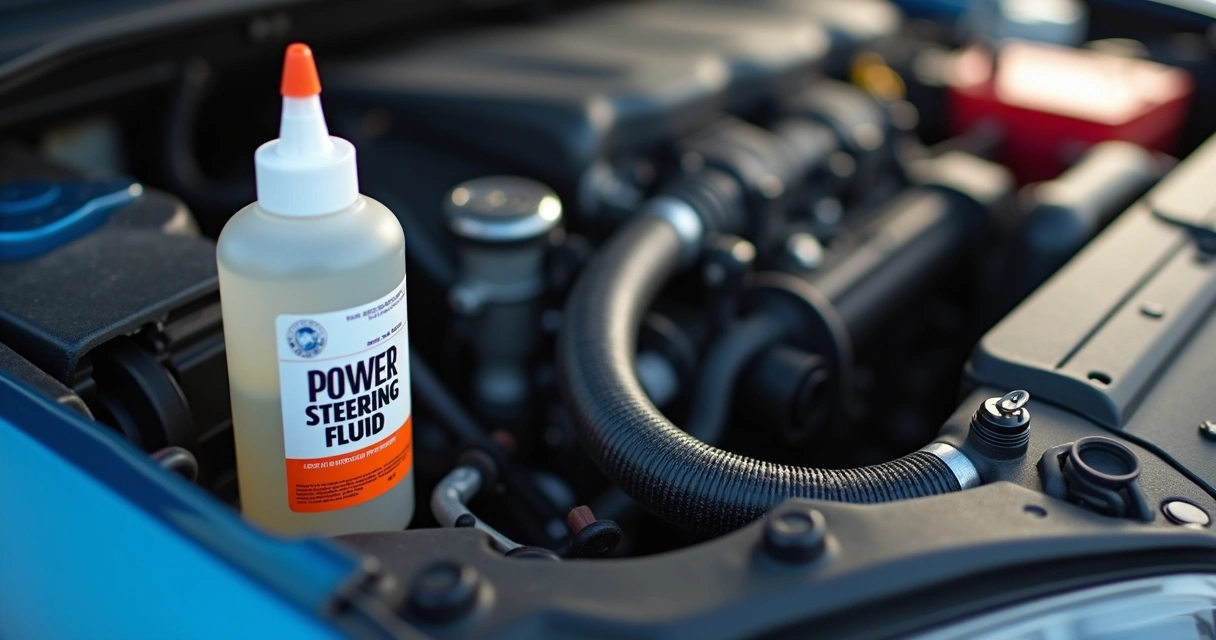 Garrafa de fluido para direção hidráulica próxima a mangueira e reservatório de borracha do sistema de direção de um carro 