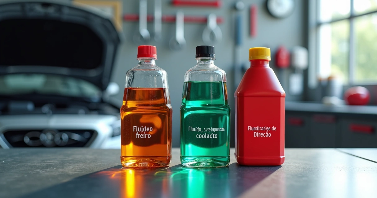 Três frascos automotivos com fluidos para freio, arrefecimento e direção sobre bancada de oficina mecânica 