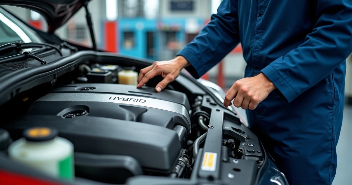 Técnico verifica nível de fluido em motor de veículo híbrido com equipamentos modernos