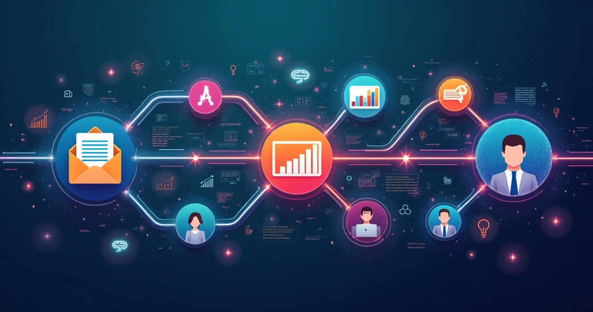 Fluxograma colorido com vários ícones conectados que representam um fluxo de campanhas de marketing digital automatizadas 