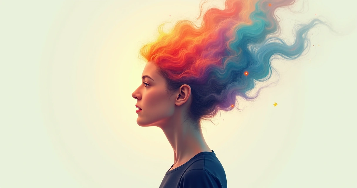 Ilustración de un rostro humano con una nube de colores alrededor de la cabeza, simbolizando el flujo de emociones 