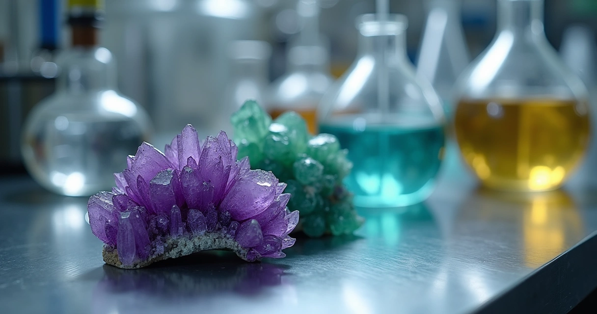 Cristais de fluorita ao lado de vidrarias de laboratório industrial 