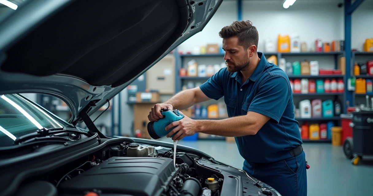 Mecânico aplicando aditivo de limpeza em motor de carro 