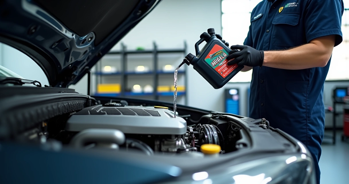 Mecânico aplica produto de flush em motor aberto em oficina moderna 