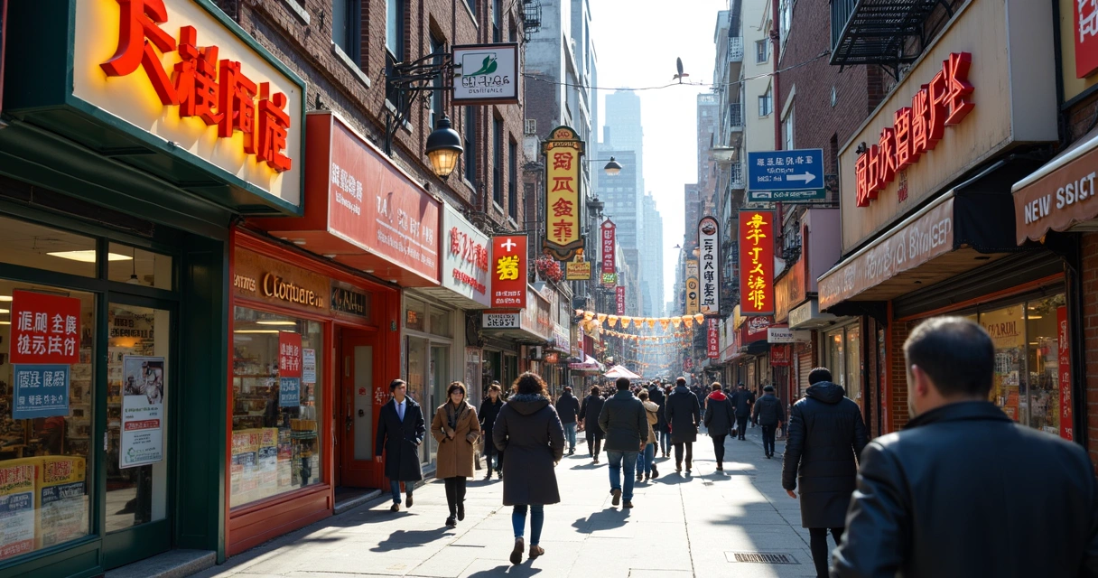 Flushing street with Chinese signs, real estate offices, and pedestrians 