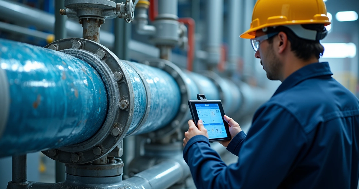 Técnico monitorando processo de flushing em tubulação industrial 