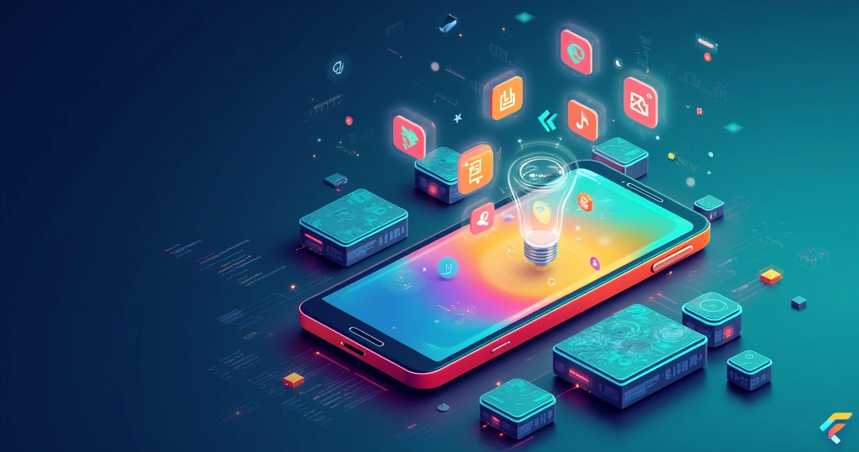 Um telefone celular exibe um app do Flutter, rodeado por ícones de Android e iOS e blocos de código Dart.