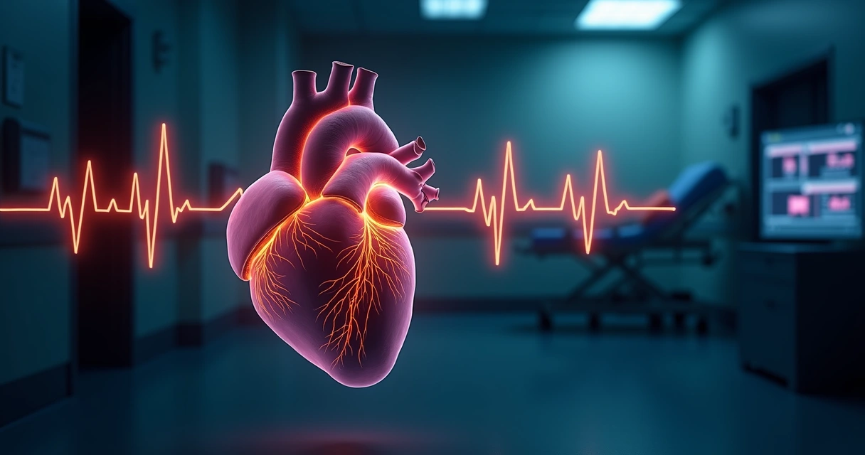 Ilustração de coração humano com foco em flutter atrial e traçados de ECG ao redor 